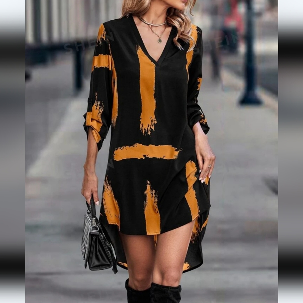Artsy Brush Print High-Low Hem Tunic Shirt Dress Roll-Up Sleeves. NEW! Geometric